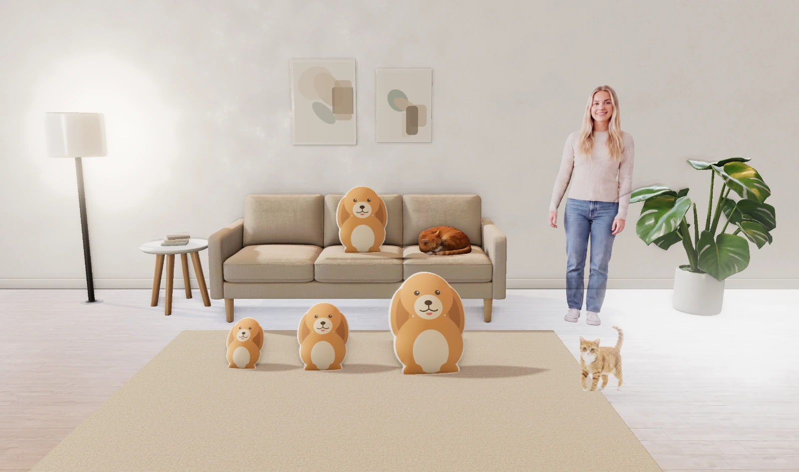 Isang living room na may die-cut na unan na hugis-aso mula 12 pulgada pataas, isang nakatayong babae, isang sofa, at dalawang pusa, lahat nasa totoong scale