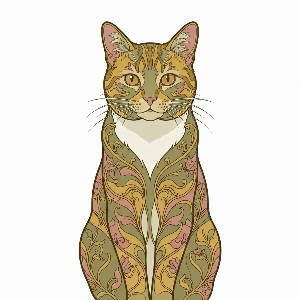 An AI-generated sample orange tabby cat, before and after the Art nouveau style