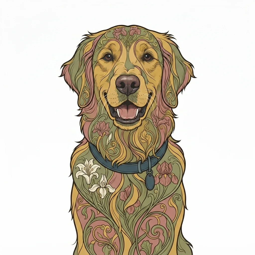The AI-generated sample dog rendered in the Art nouveau style