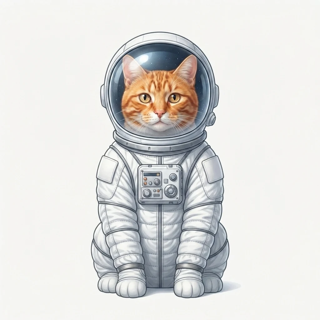 An AI-generated sample orange tabby cat, before and after the Astronaut style