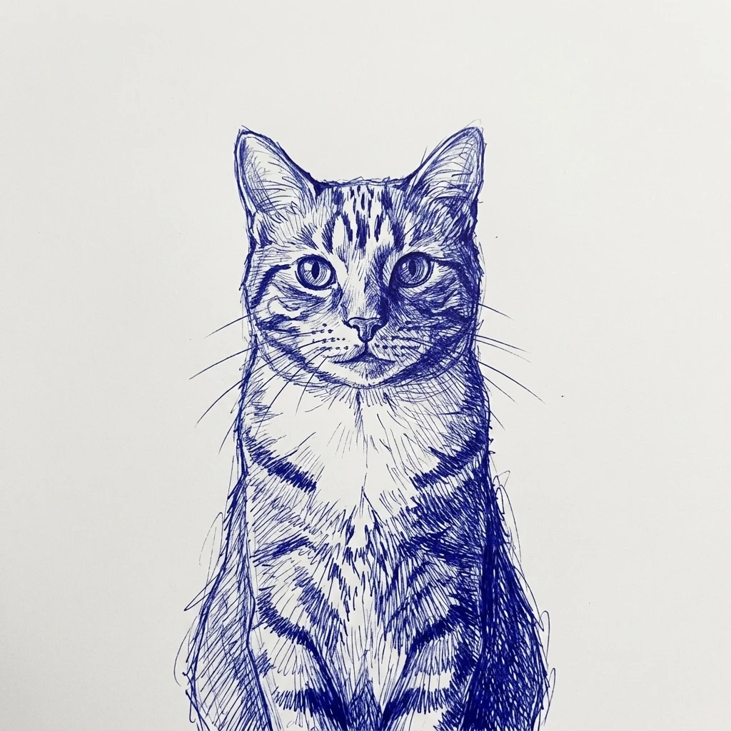 An AI-generated sample orange tabby cat, before and after the Ballpoint pen style