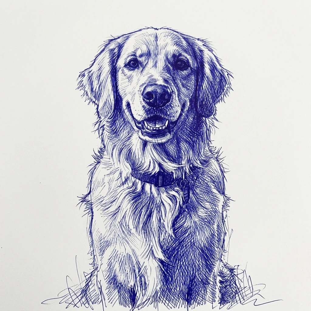The AI-generated sample dog rendered in the Ballpoint pen style
