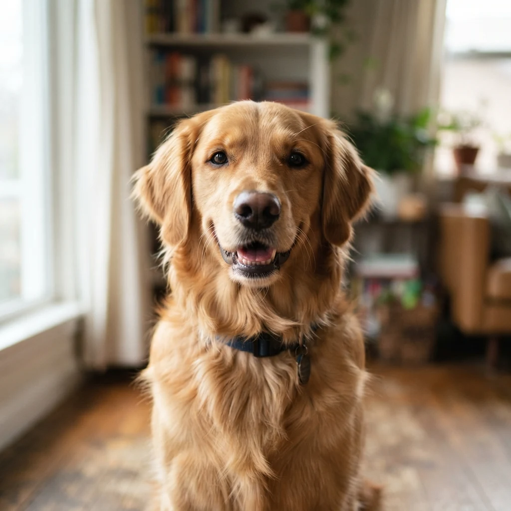 An AI-generated sample golden retriever, before and after the Chibi style