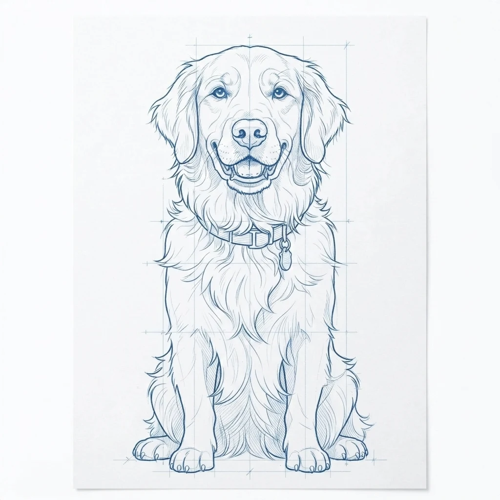 The AI-generated sample dog rendered in the Blueprint style