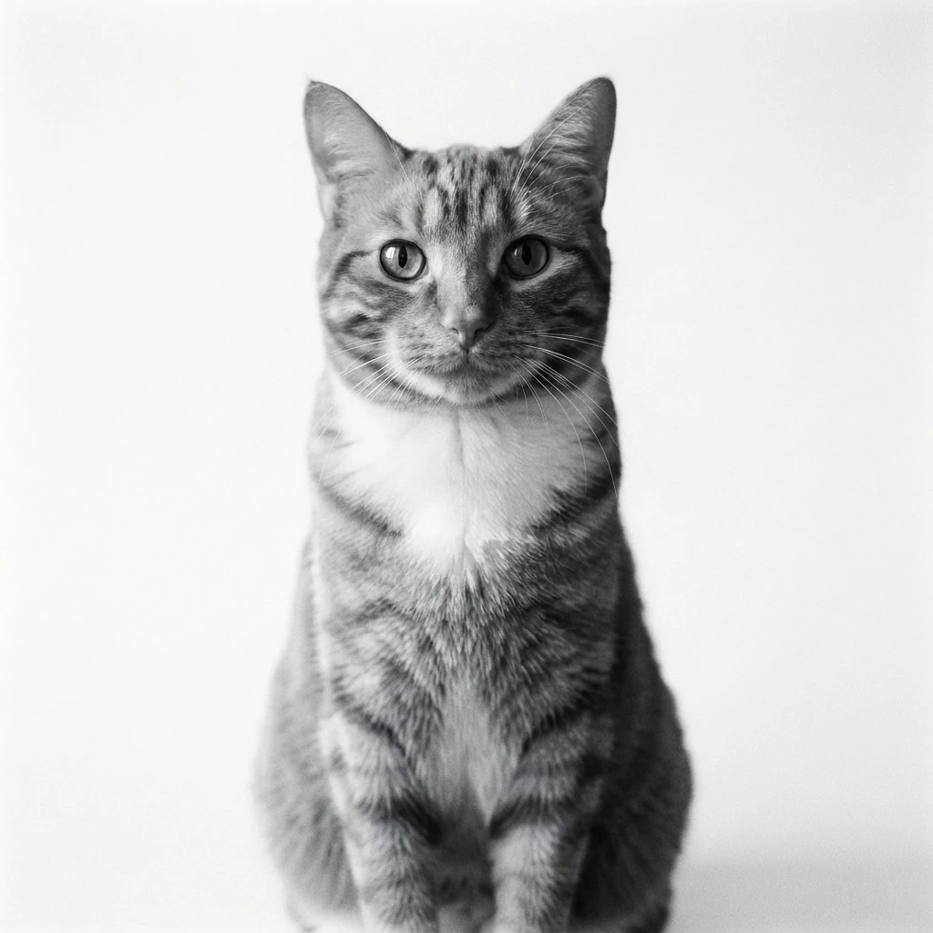 An AI-generated sample orange tabby cat, before and after the Black-and-white fine art style