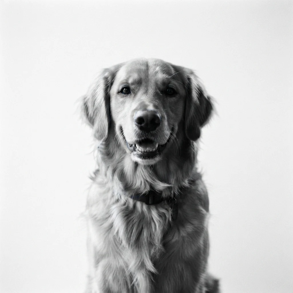 The AI-generated sample dog rendered in the Black-and-white fine art style