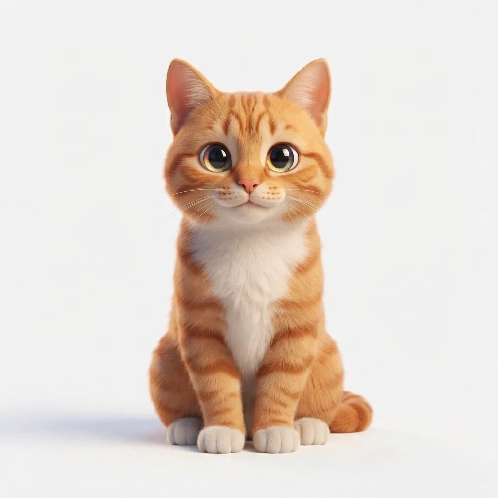 An AI-generated sample orange tabby cat, before and after the 3D animation style