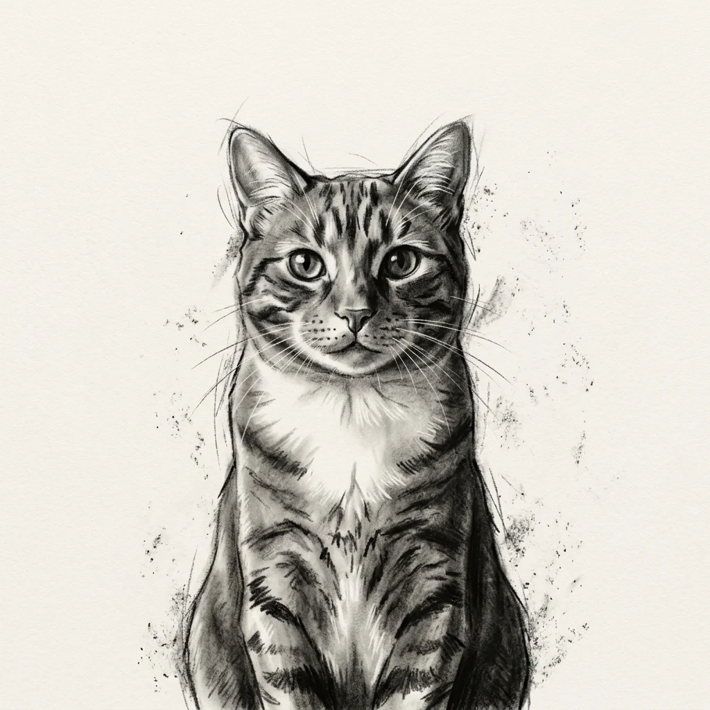 An AI-generated sample orange tabby cat, before and after the Charcoal style