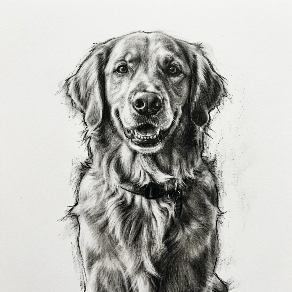 The AI-generated sample dog rendered in the Charcoal style