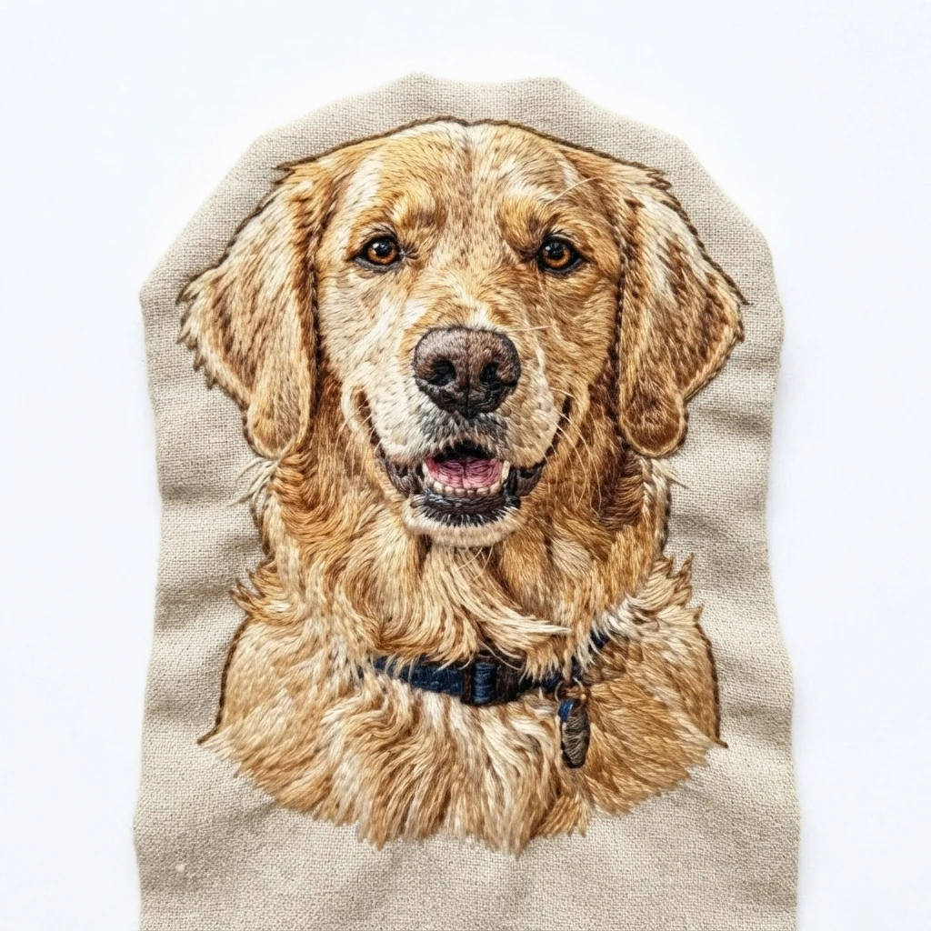 The AI-generated sample dog rendered in the Embroidery style