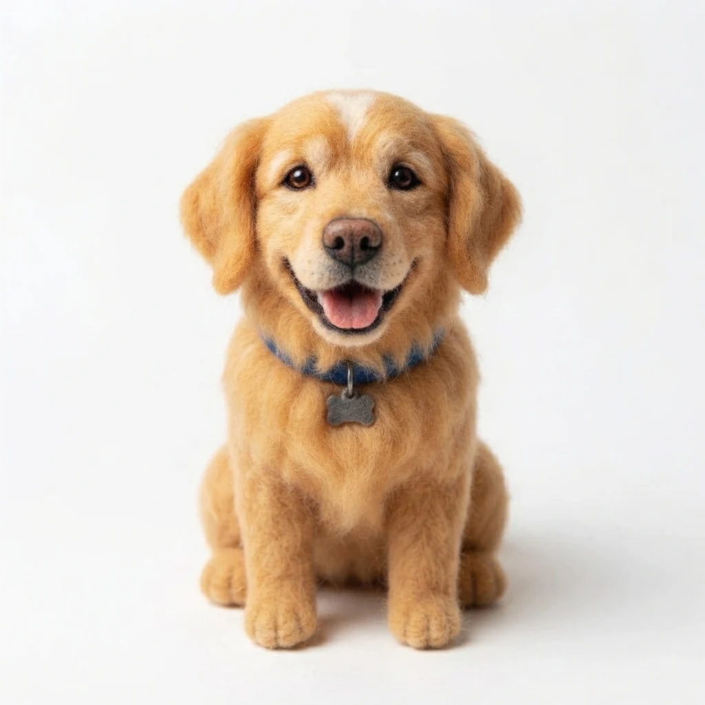 The AI-generated sample dog rendered in the Felt plush style