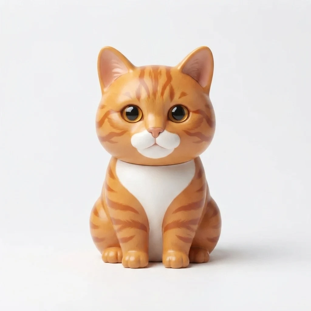 An AI-generated sample orange tabby cat, before and after the Collectible figurine style
