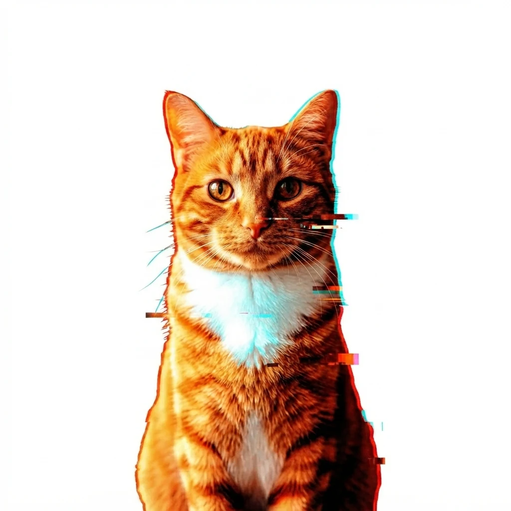 An AI-generated sample orange tabby cat, before and after the Glitch style