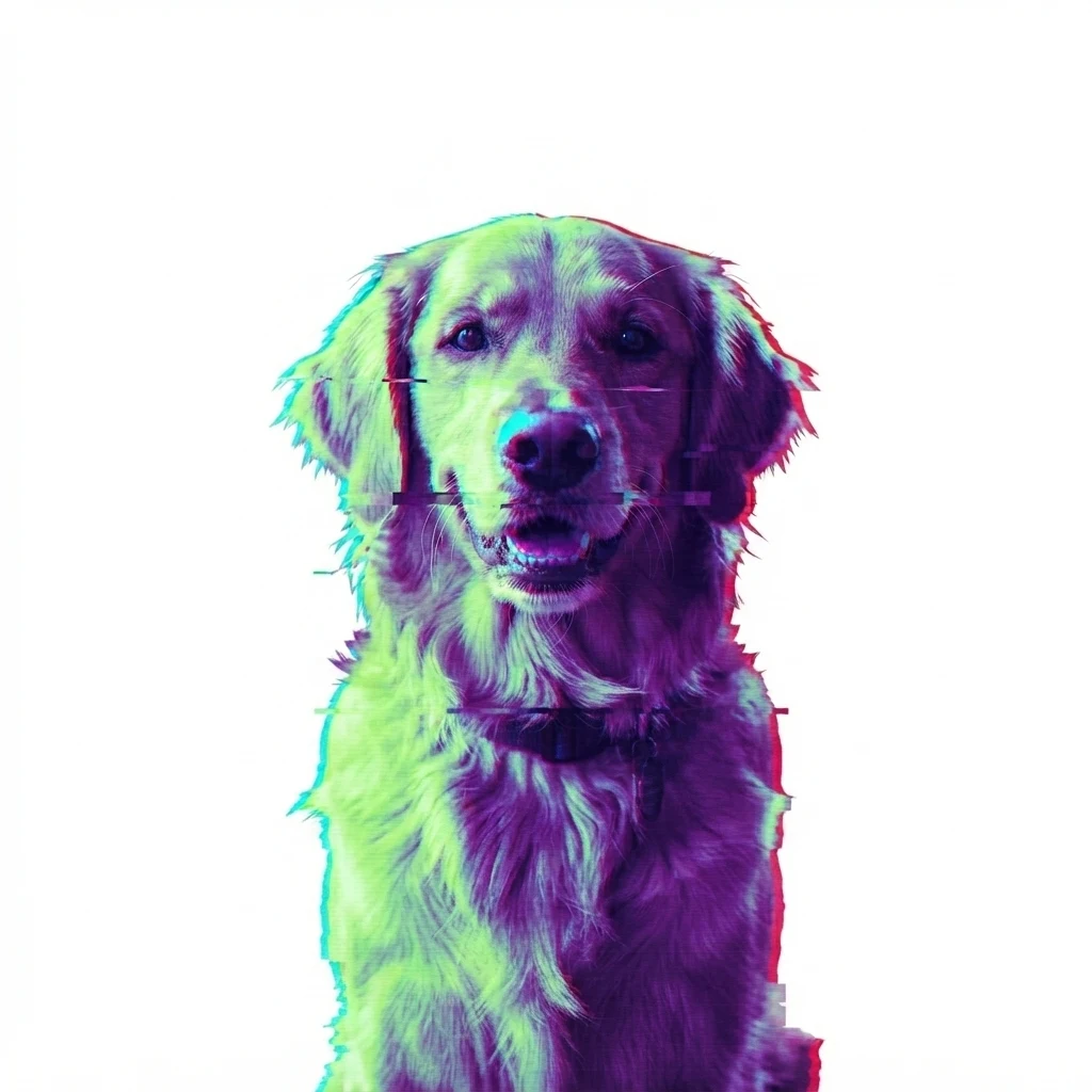 The AI-generated sample dog rendered in the Glitch style