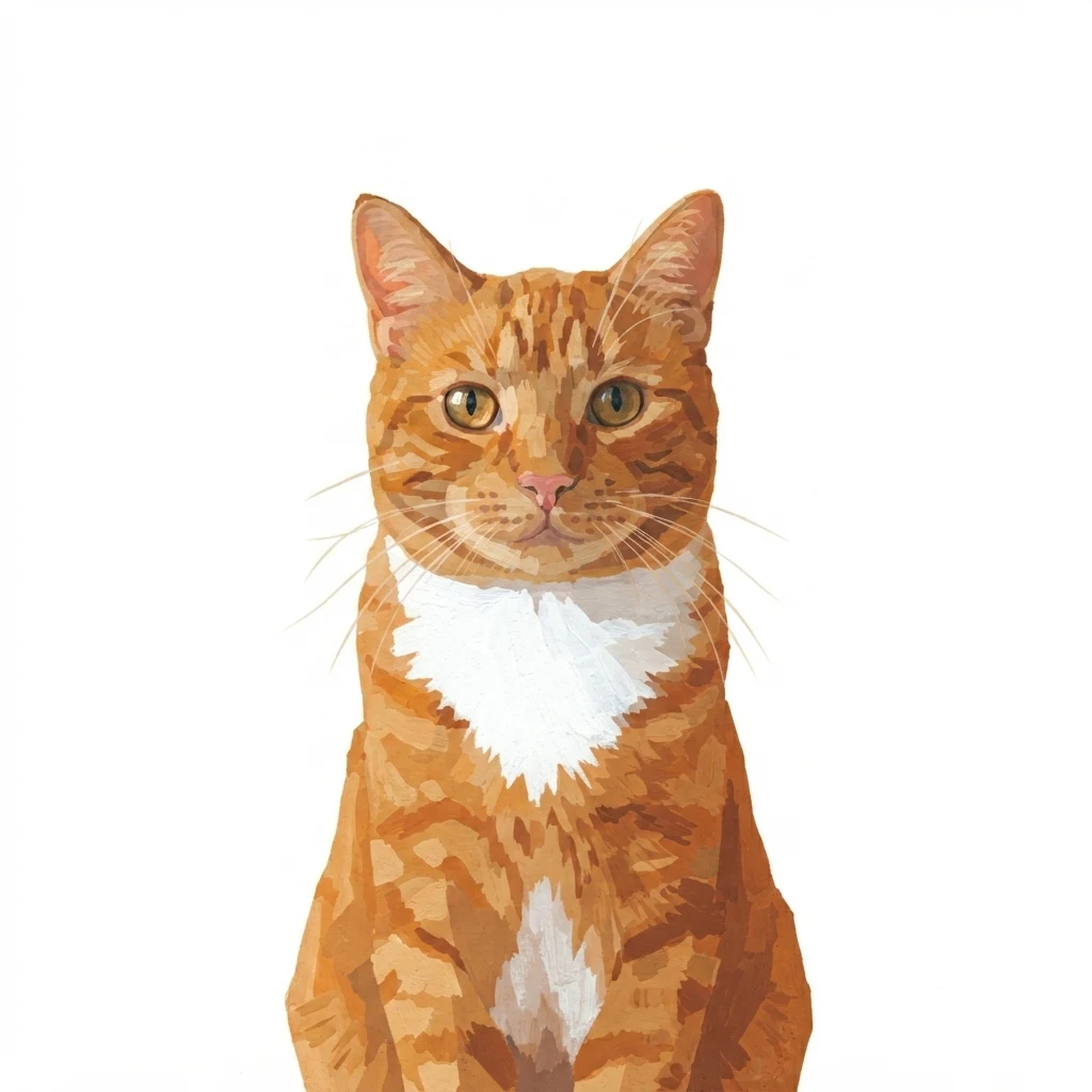 An AI-generated sample orange tabby cat, before and after the Gouache style