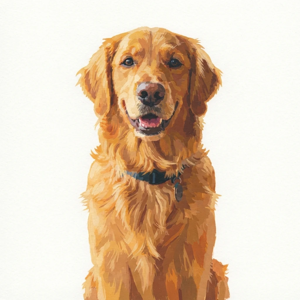 The AI-generated sample dog rendered in the Gouache style