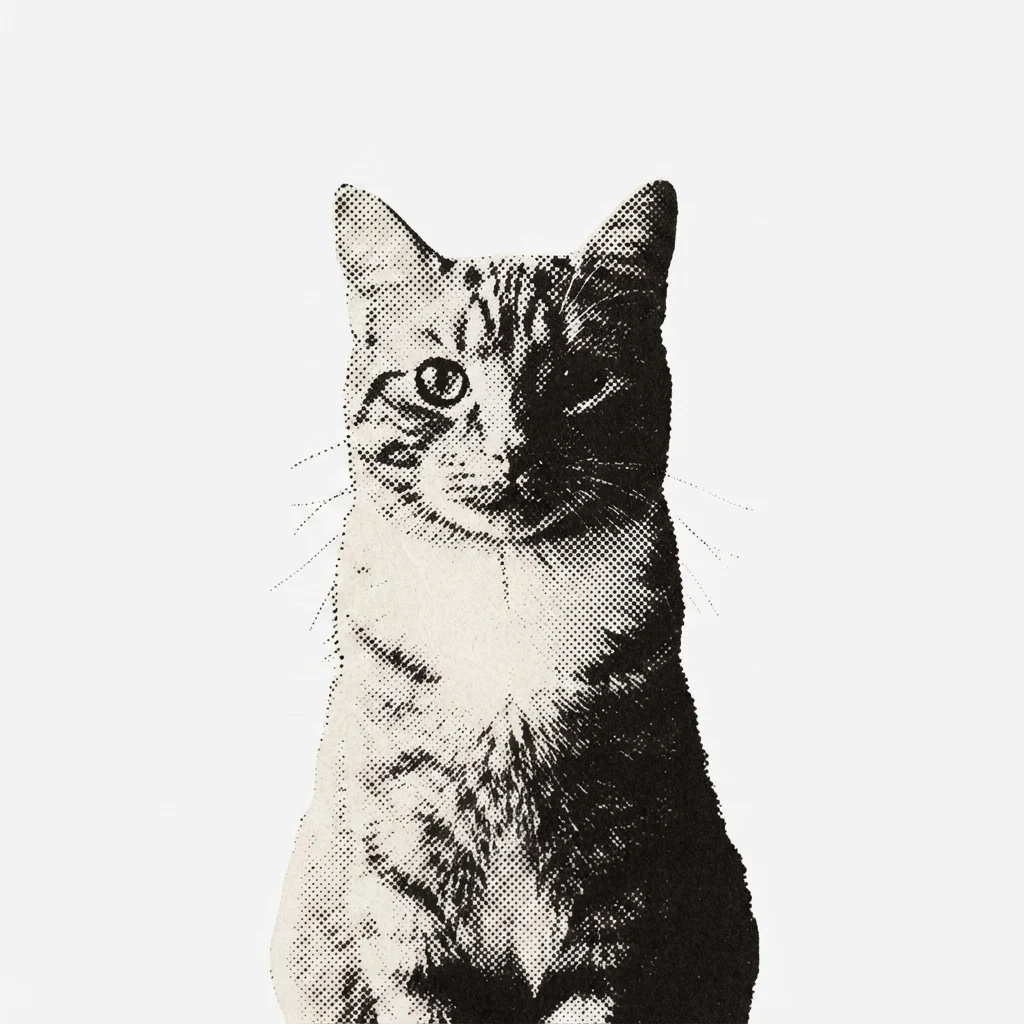 An AI-generated sample orange tabby cat, before and after the Halftone style