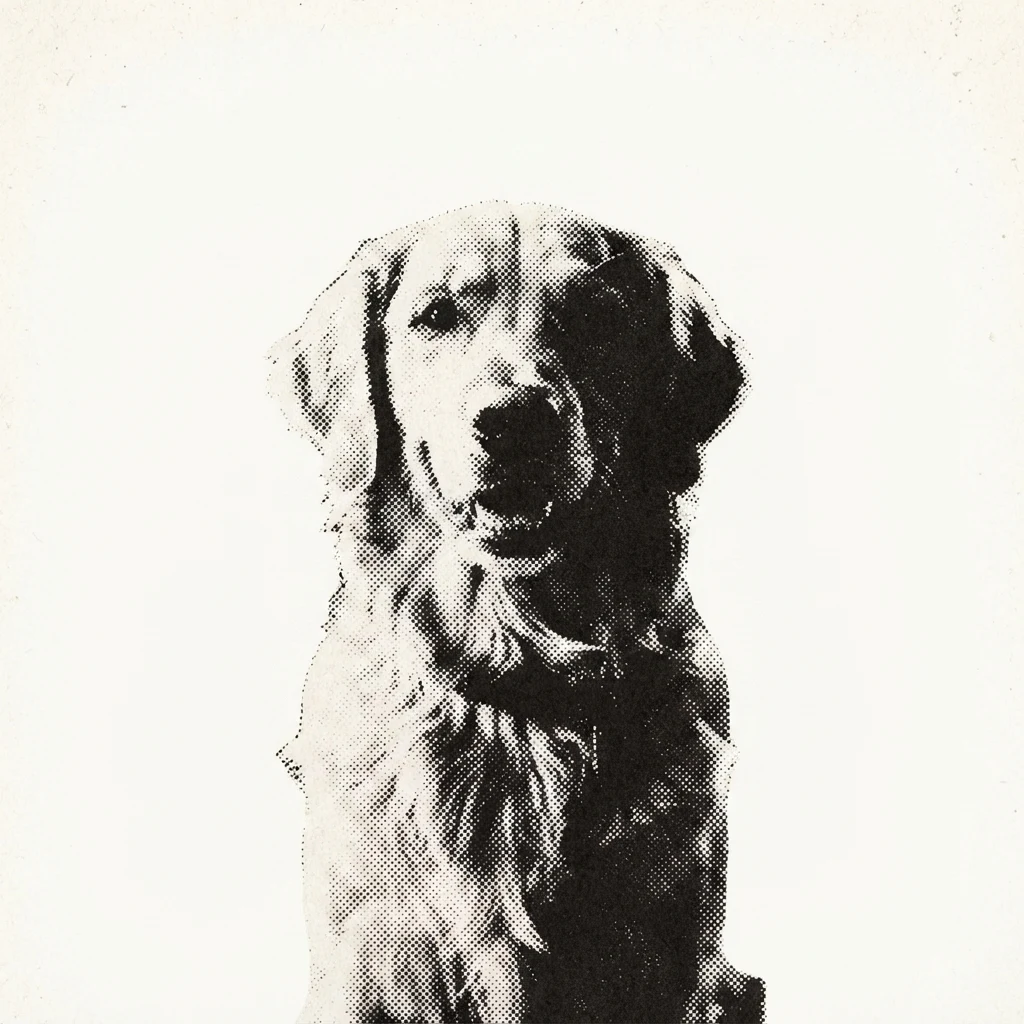 The AI-generated sample dog rendered in the Halftone style