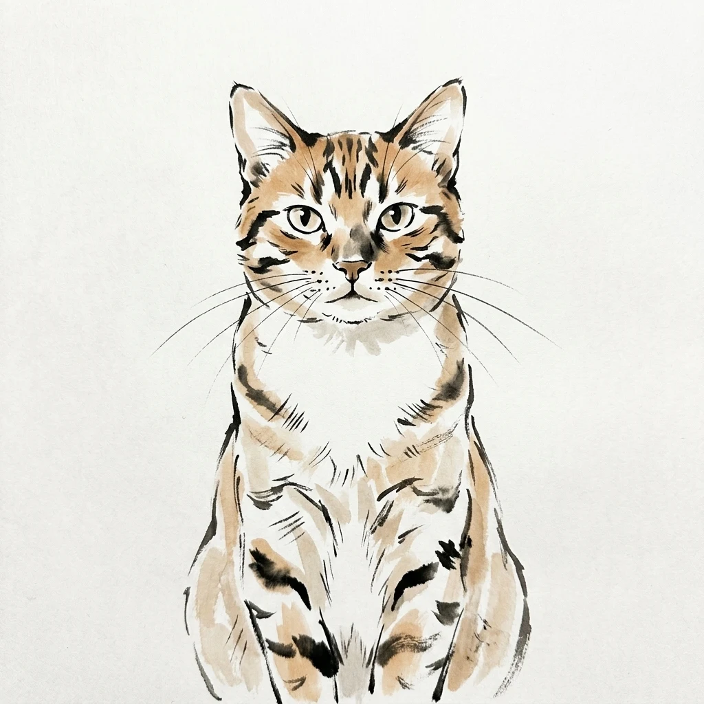 An AI-generated sample orange tabby cat, before and after the Ink wash style