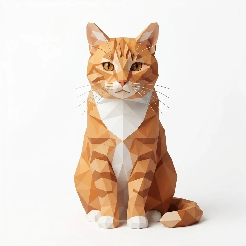 An AI-generated sample orange tabby cat, before and after the Geometric style
