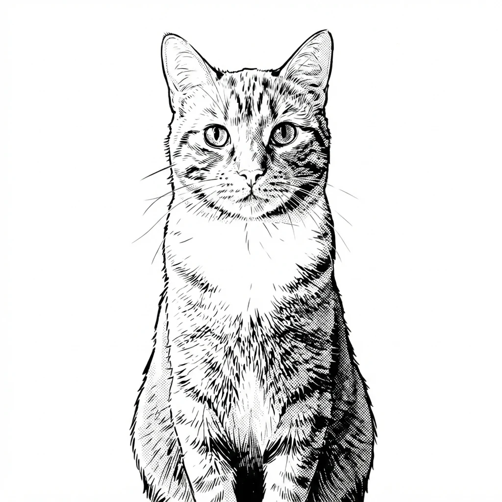 An AI-generated sample orange tabby cat, before and after the Manga ink style