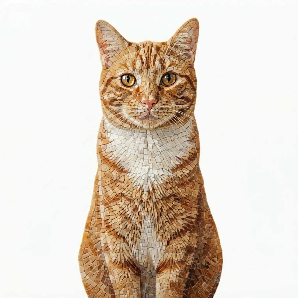 An AI-generated sample orange tabby cat, before and after the Mosaic style