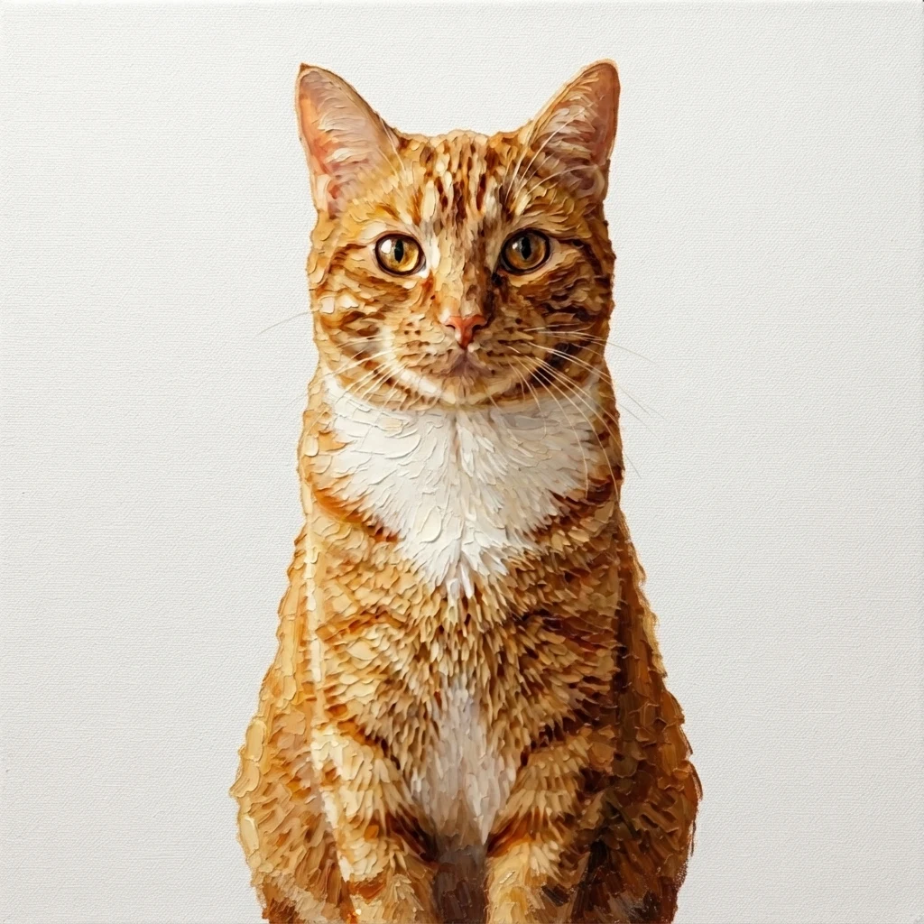 An AI-generated sample orange tabby cat, before and after the Oil painting style