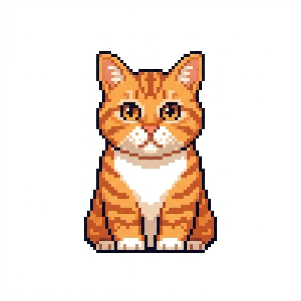 An AI-generated sample orange tabby cat, before and after the Pixel art style