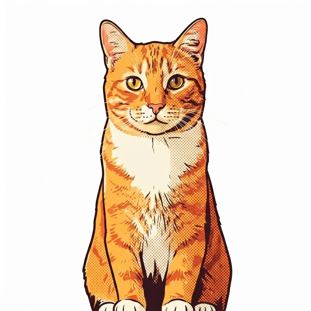 An AI-generated sample orange tabby cat, before and after the Pop art style