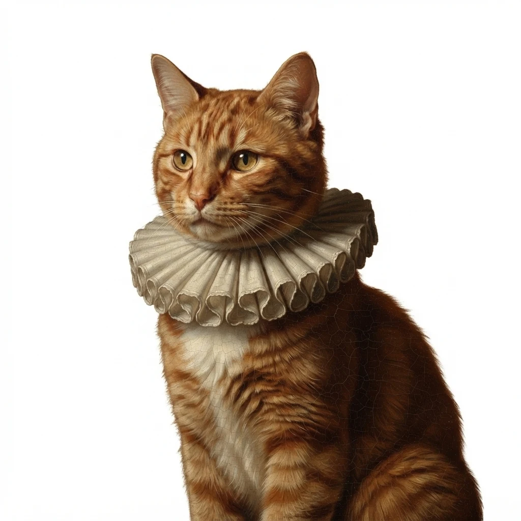 An AI-generated sample orange tabby cat, before and after the Renaissance portrait style