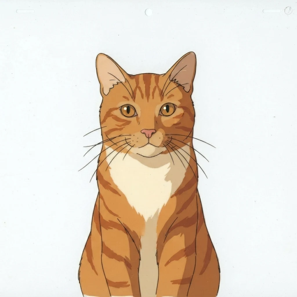 An AI-generated sample orange tabby cat, before and after the Retro anime style
