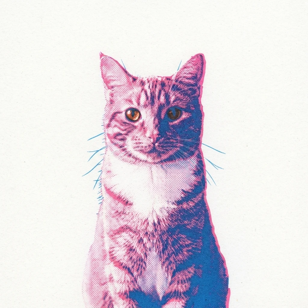 An AI-generated sample orange tabby cat, before and after the Risograph style