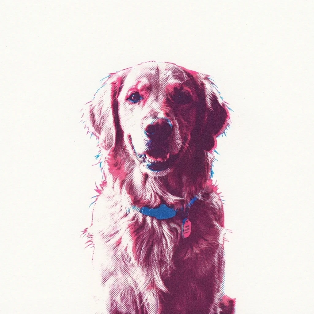 The AI-generated sample dog rendered in the Risograph style