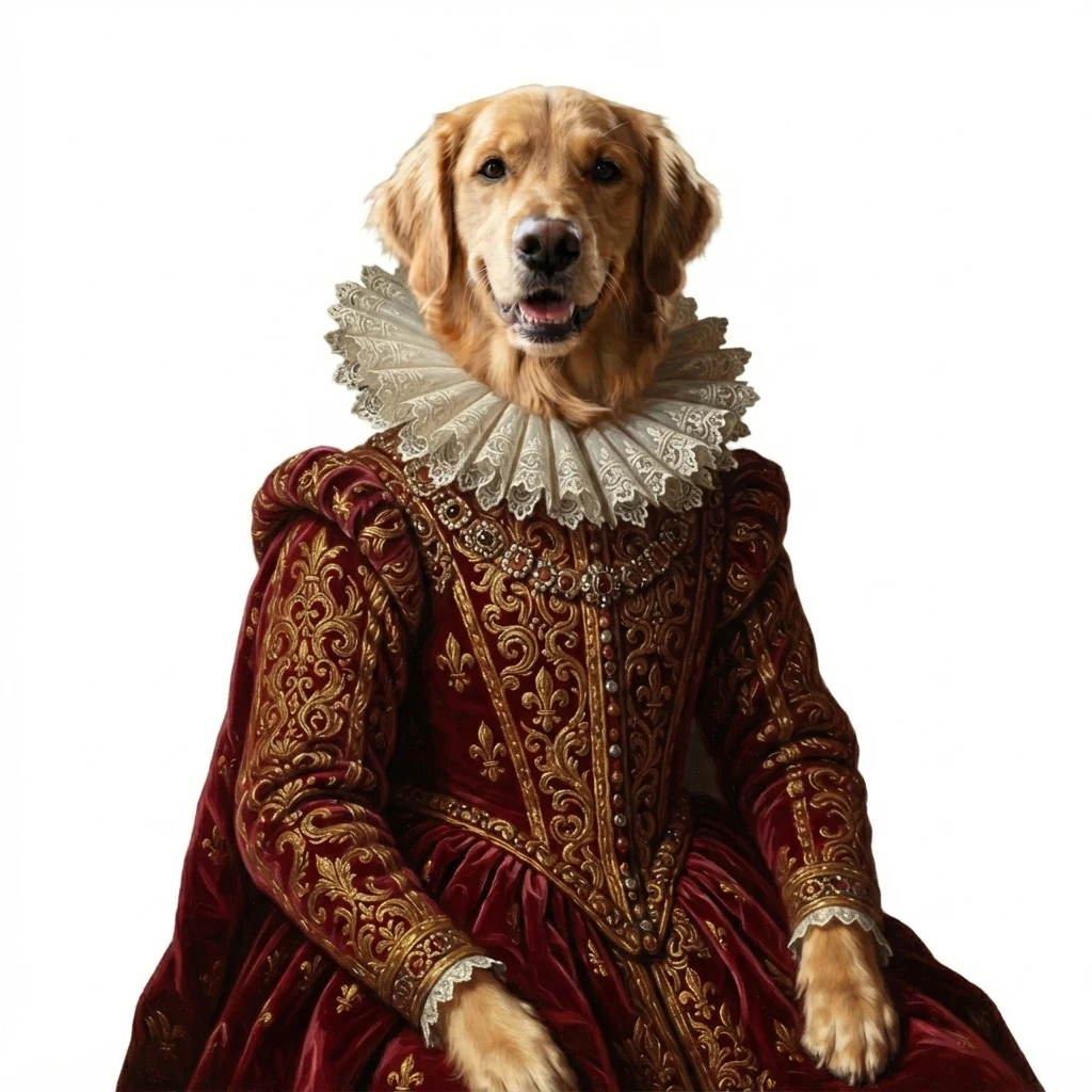 The AI-generated sample dog rendered in the Royal portrait style