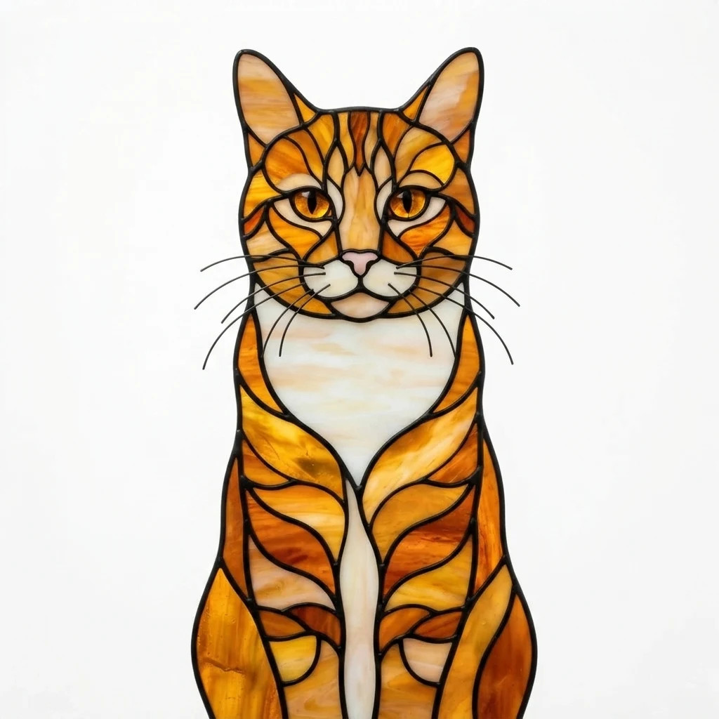 An AI-generated sample orange tabby cat, before and after the Stained glass style