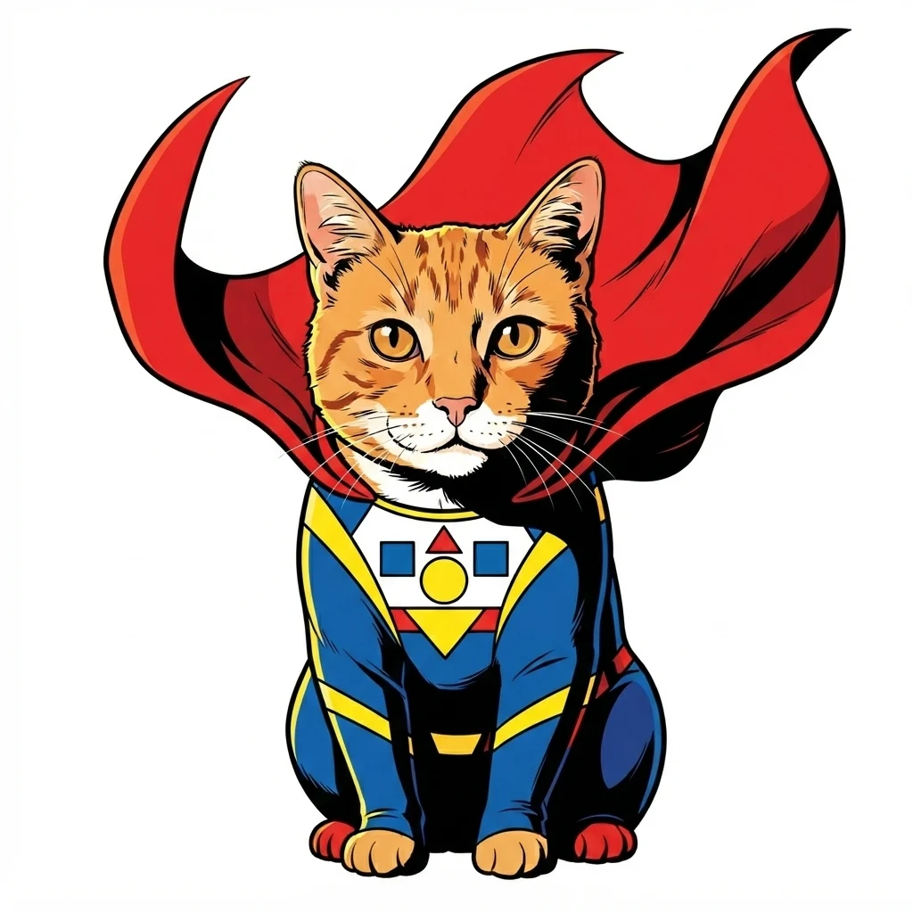 An AI-generated sample orange tabby cat, before and after the Superhero style