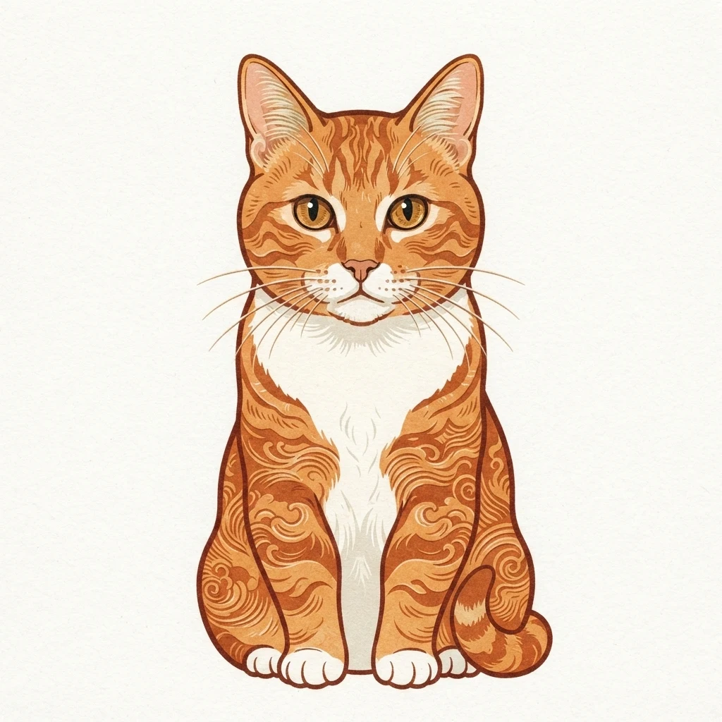 An AI-generated sample orange tabby cat, before and after the Japanese woodblock style