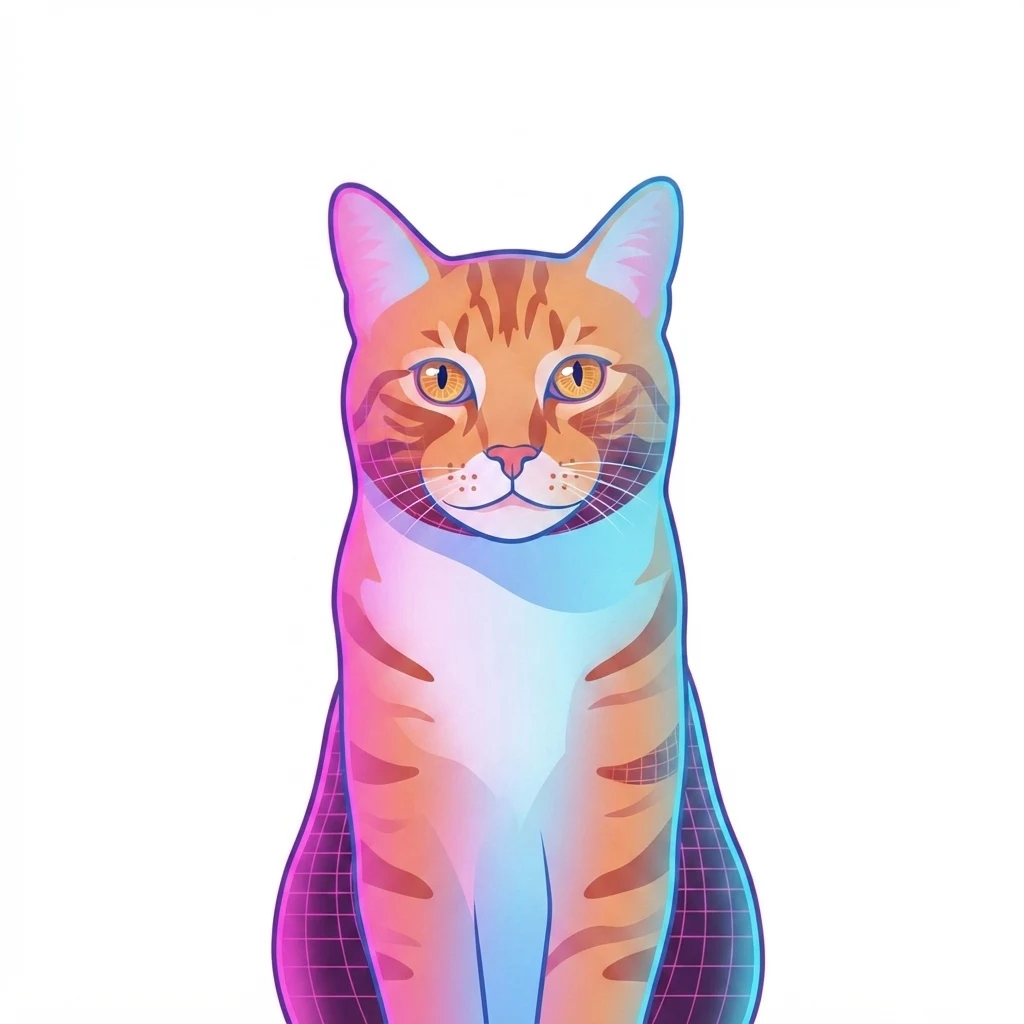 An AI-generated sample orange tabby cat, before and after the Vaporwave style