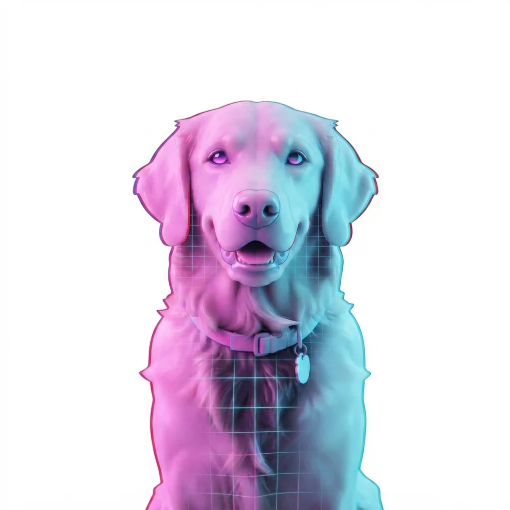 The AI-generated sample dog rendered in the Vaporwave style