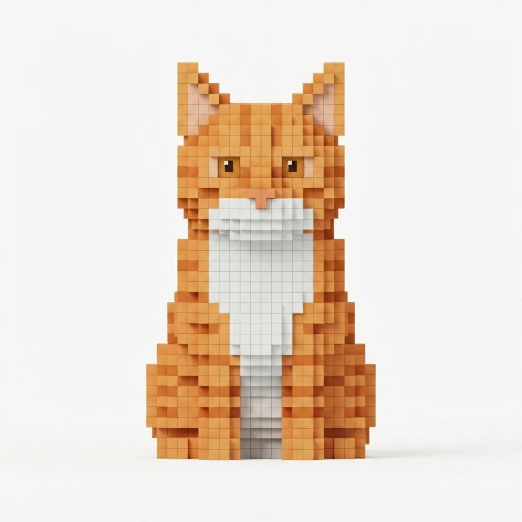An AI-generated sample orange tabby cat, before and after the Voxel style