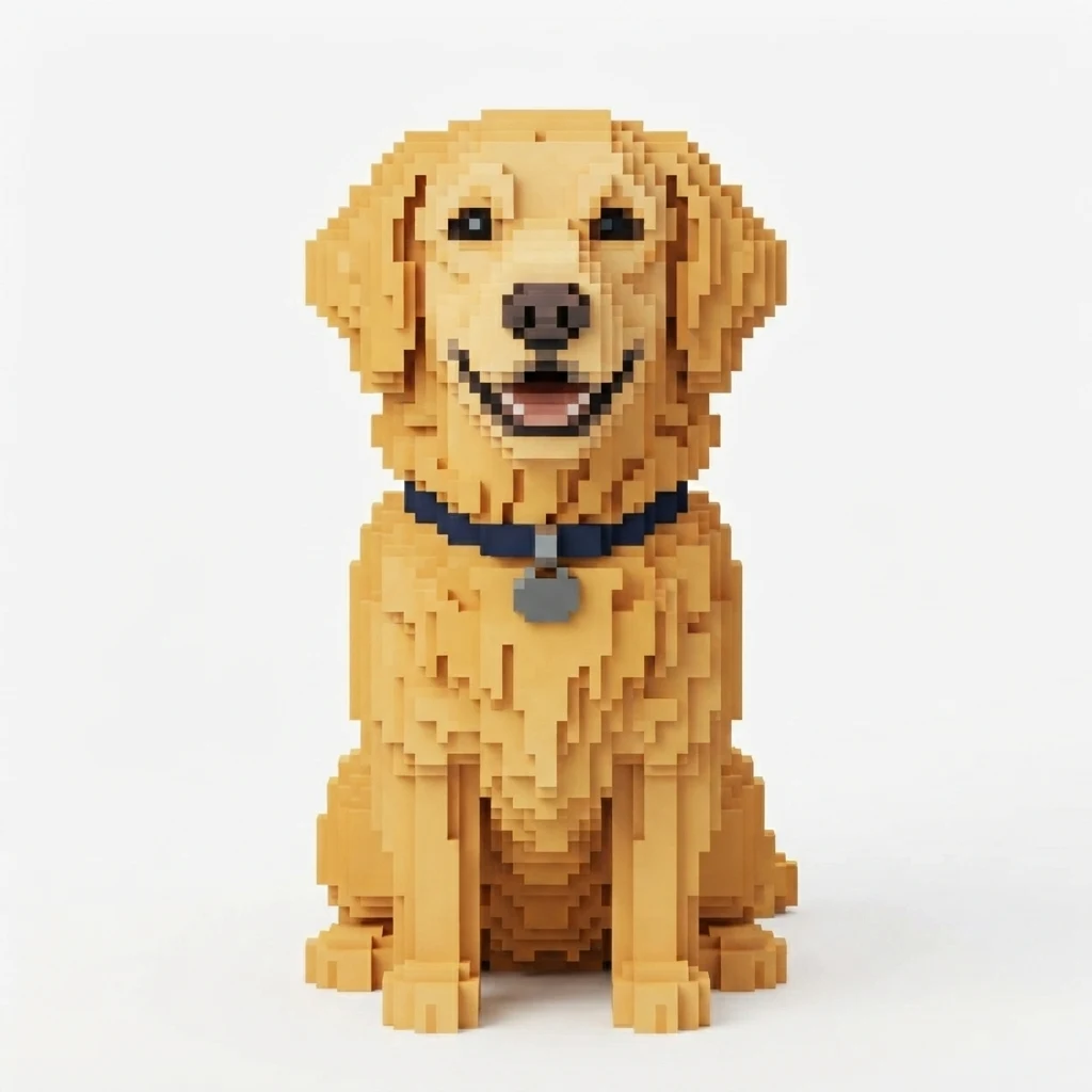 The AI-generated sample dog rendered in the Voxel style