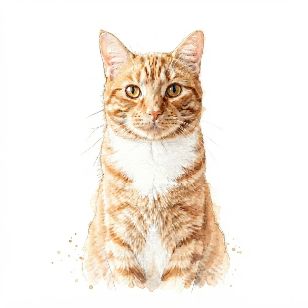 An AI-generated sample orange tabby cat, before and after the Watercolor style