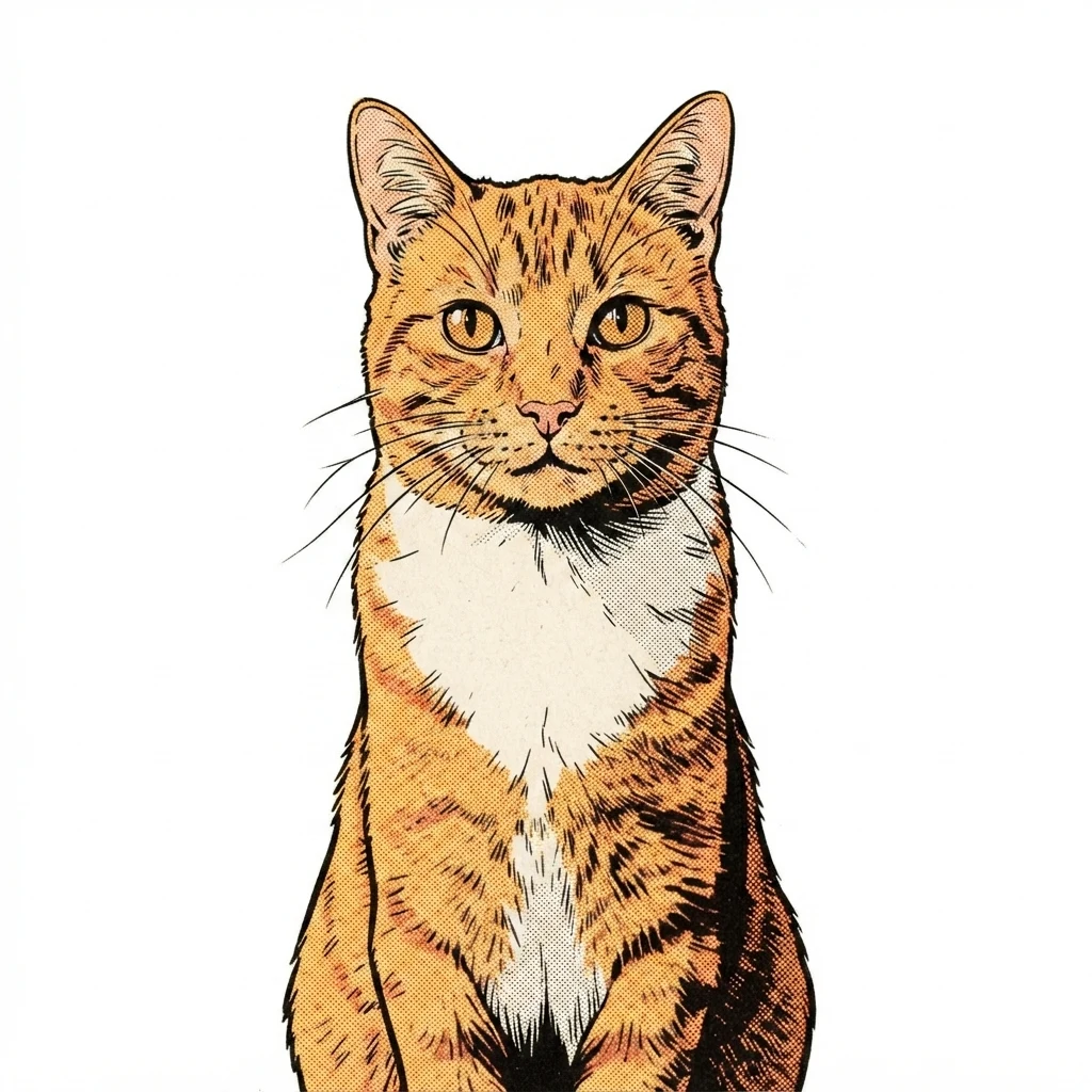 An AI-generated sample orange tabby cat, before and after the Comic book style