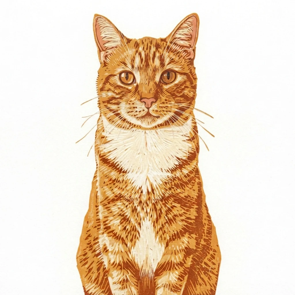An AI-generated sample orange tabby cat, before and after the Woodcut style