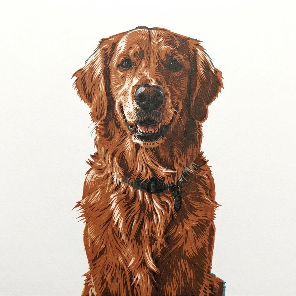 The AI-generated sample dog rendered in the Woodcut style
